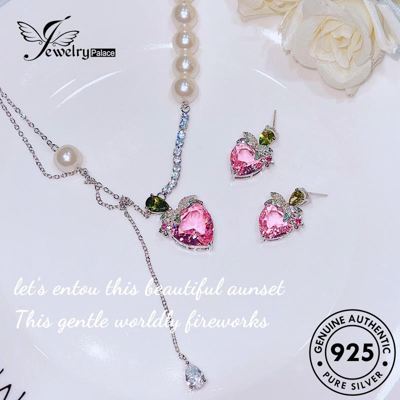 Jewelrypalace Perak Jumbai Pink Kalung Kristal Wanita Strawberry 925set Berlian Asli S483