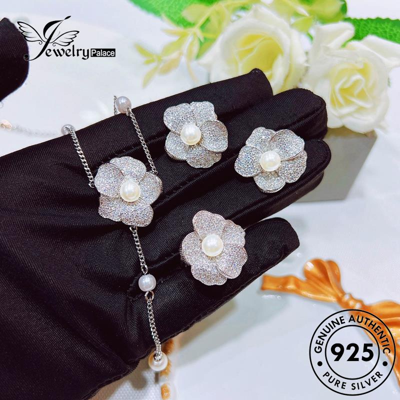 Perhiasantempat Wanita Camelia Perak925Mutiara Kalung Set Asli S529