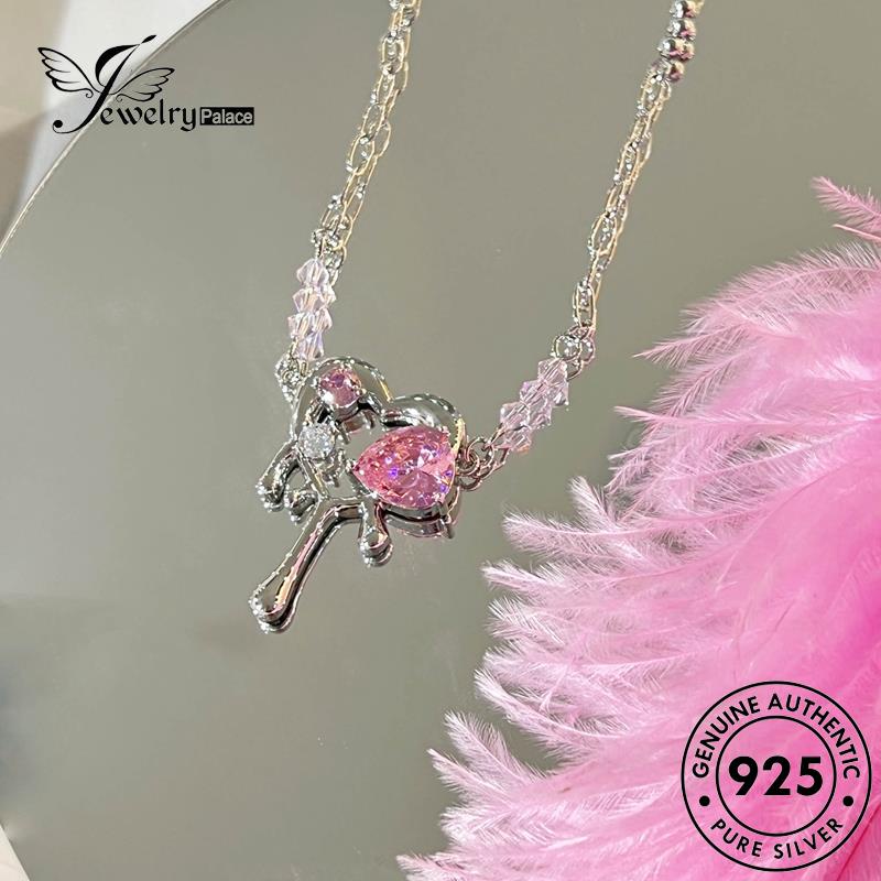 Jewelrypalace925 Set Wanita Pink Kalung Perak Love Asli Kristal Berlian S521