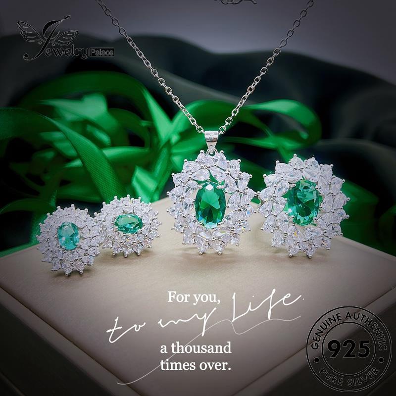 Tempat Perhiasan Wanita Bulat925 Kalung Perak Set Asli Emerald S553