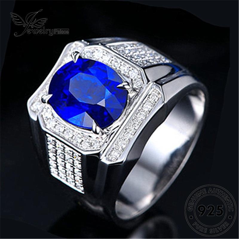 Tempat Perhiasan925Cincin Perak Oval Domineering Safir Asli Pria R11