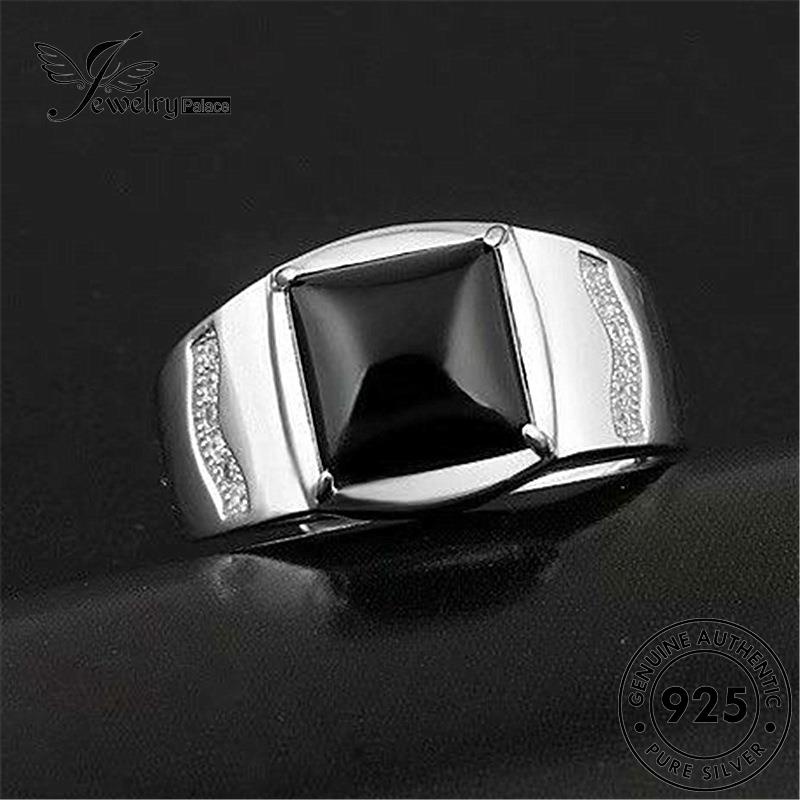 Perhiasantempat Berlian Pria Asli Mendominasi Cincin Hitam925 Perak Obsidian Kotak R33