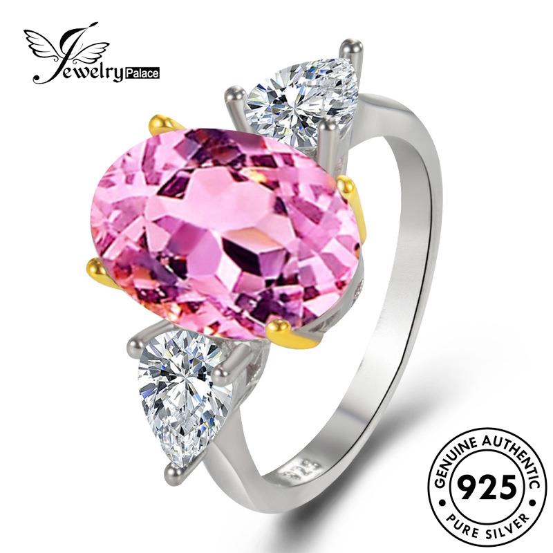 Tempat Perhiasan925 Wanita Asli Halus Cincin Kristal Berlian Pink Oval Perak R242