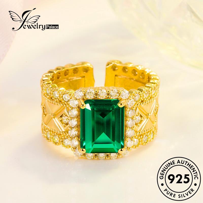 Jewelrypalace Emas Wanita Asli Persegi Kepribadian925 Cincin Perak Zamrud R854