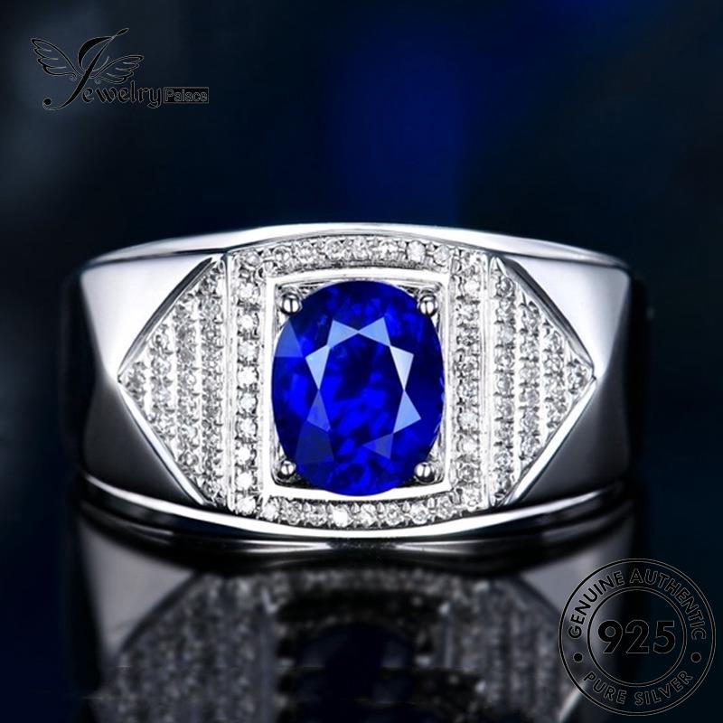 Jewelrypalace925 Sapphire Oval Cincin Kepribadian Perak Asli Pria R999