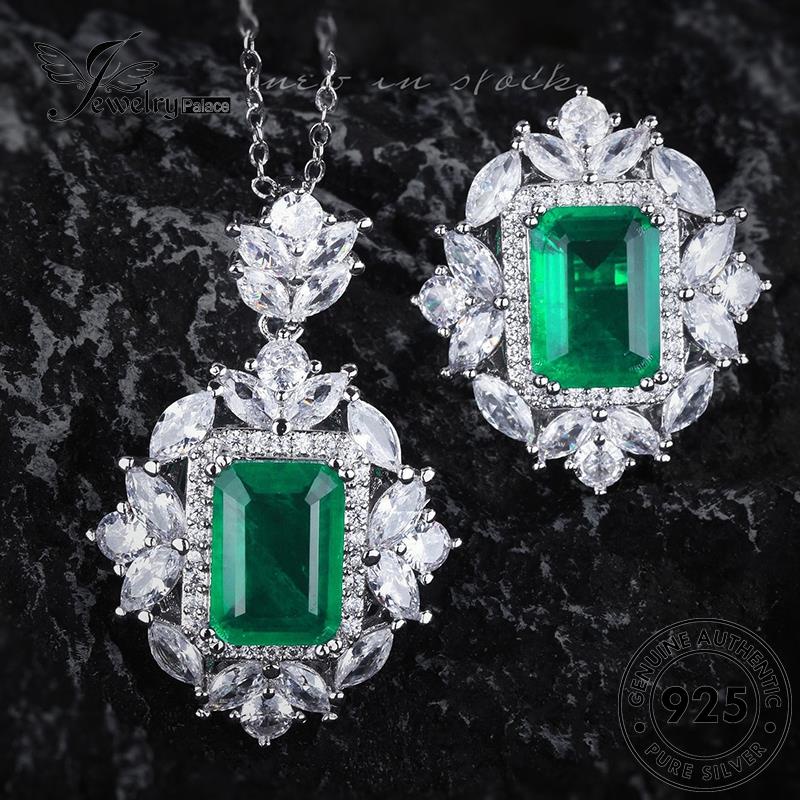 Tempat Perhiasan Wanita925 Kalung Set Persegi Asli Perak Emerald S631