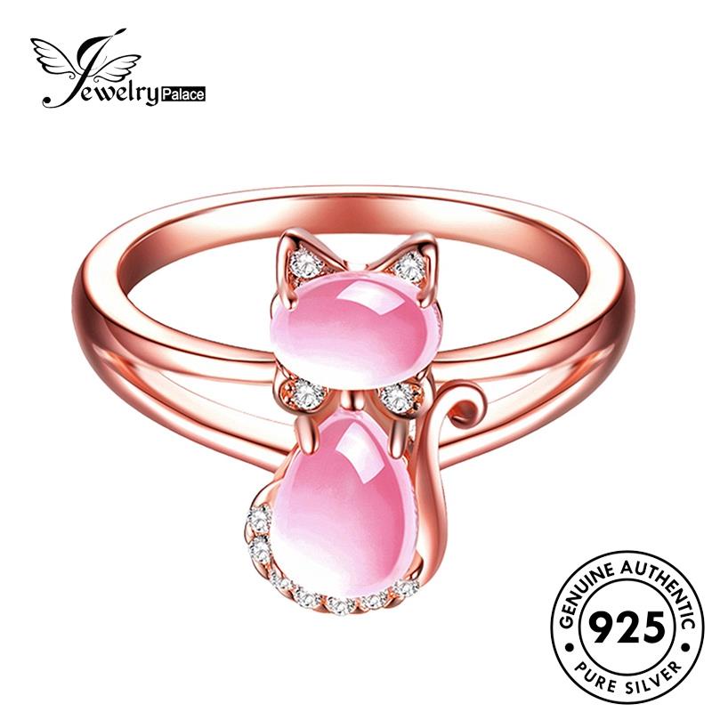 Jewelrypalace Emas Kucing Berlian Asli Wanita Lucu Perak Kristal925Cincin Pink R1719