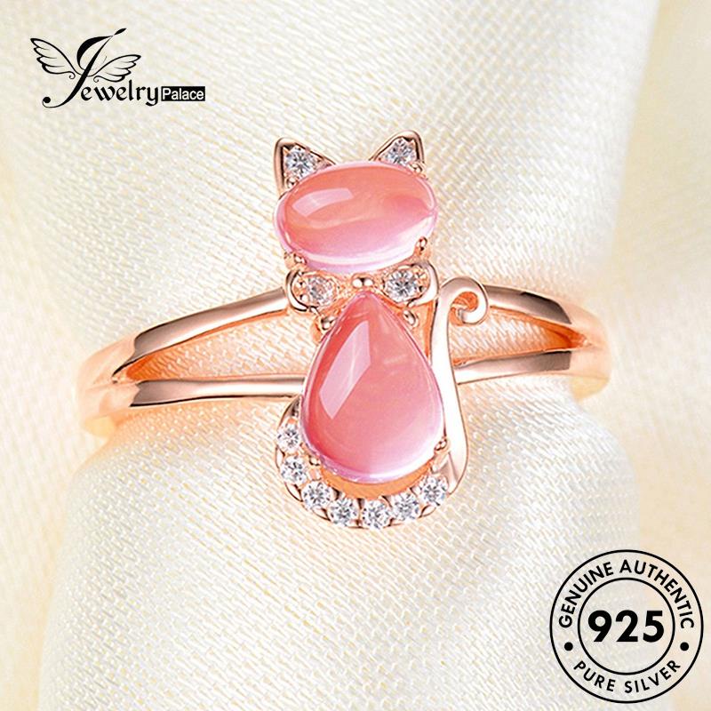 Jewelrypalace Emas Kucing Berlian Asli Wanita Lucu Perak Kristal925Cincin Pink R1719