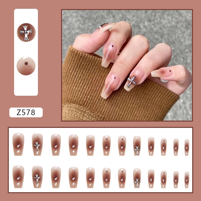 24pcs Kuku Palsu Halo Staining Dengan Salib Metal Dengan Jelly Gum