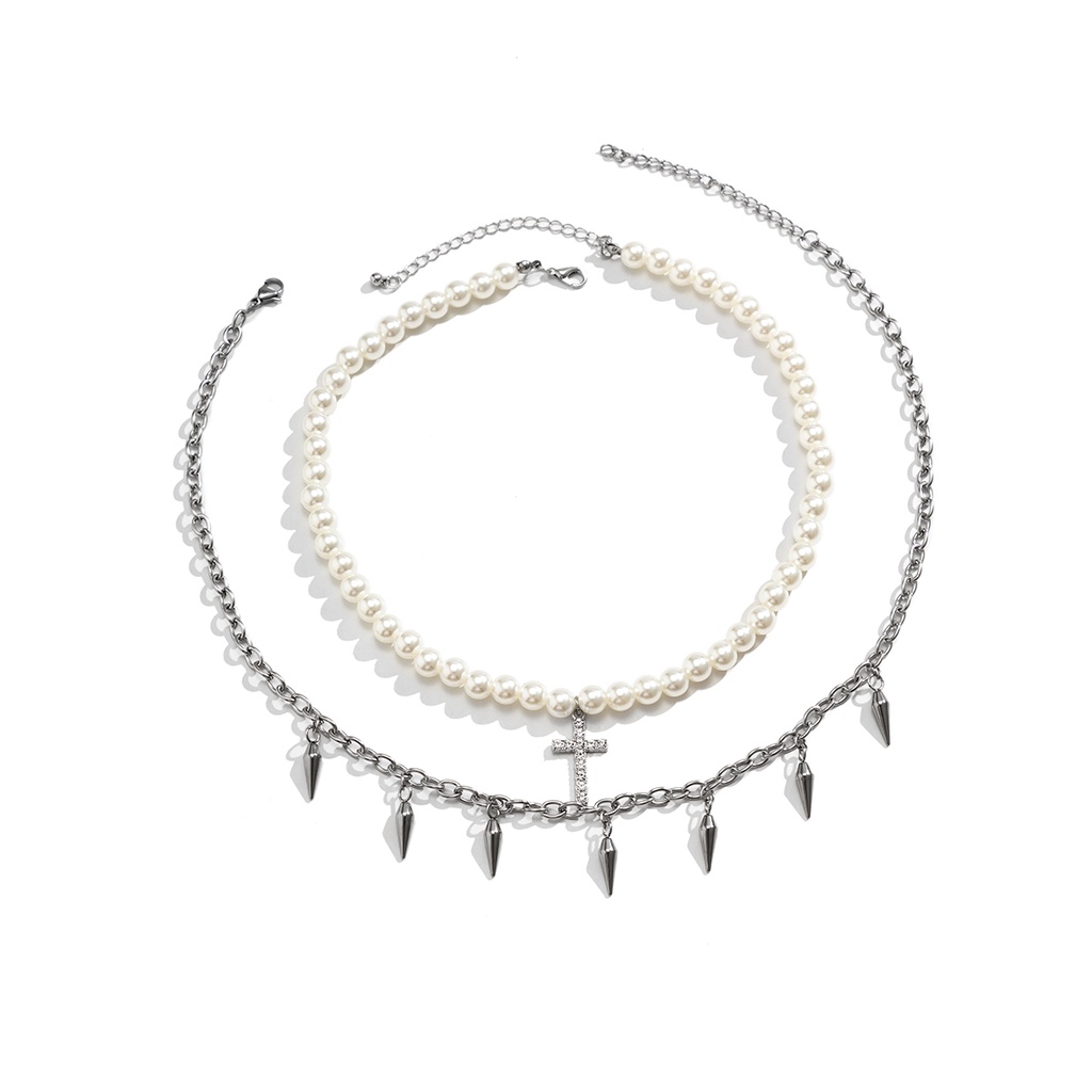 Punk Fashion Mutiara Manik-Manik Rantai Paku/Salib Liontin Kalung Pria Hiphop Berlapis Choker Kalung Set Perhiasan Pesta
