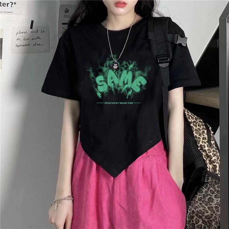 Red 100% katun ins baru musim panas T-shirt pendek siswa perempuan lengan pendek ramping pusar terkena all-match hot girl top female tide