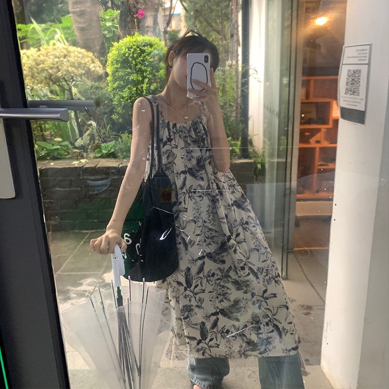 Gaya cina ceruk retro pencetakan tinta rok selempang musim panas bersalin rok mid-length gaun longgar pasang perempuan