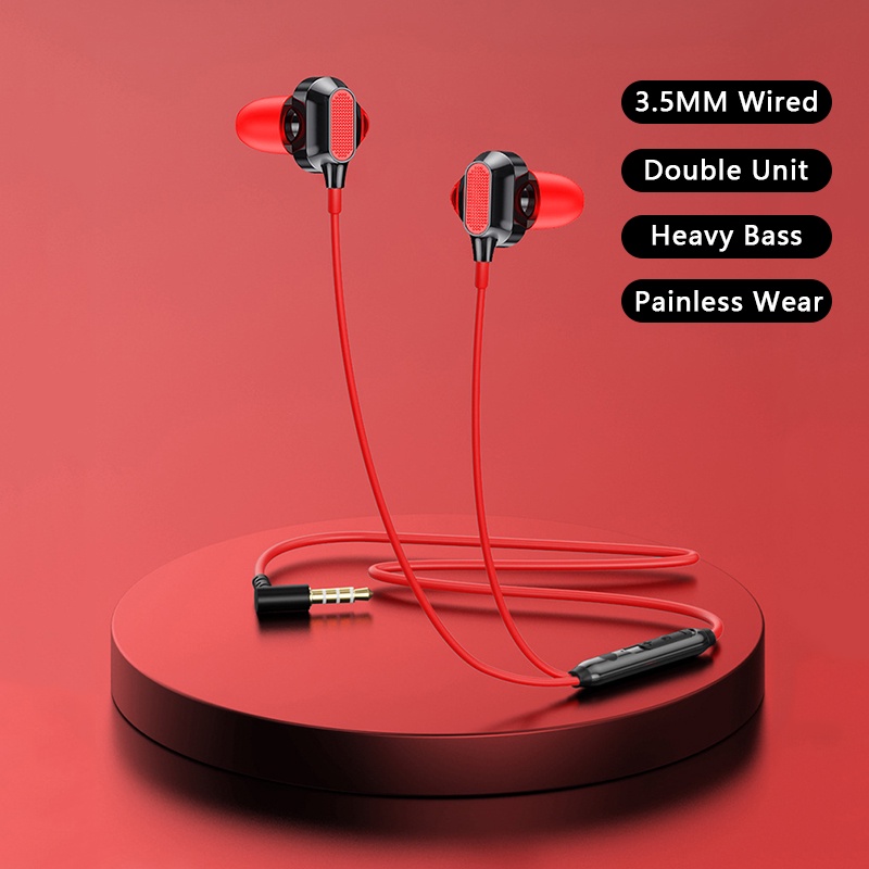 Vaorlo Double Dynamic Coil Wired Earphone 3.5mm Headset Game Bass Berat Pengurangan Kebisingan In-Ear Earbuds Dengan Mikrofon