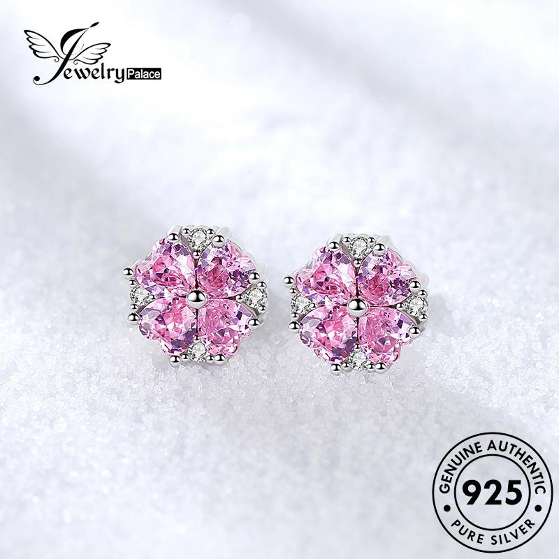 Jewelrypalace Shaped Earrings Berlian925 Wanita Bunga Pink Stud Hati Kristal Perak Asli E213