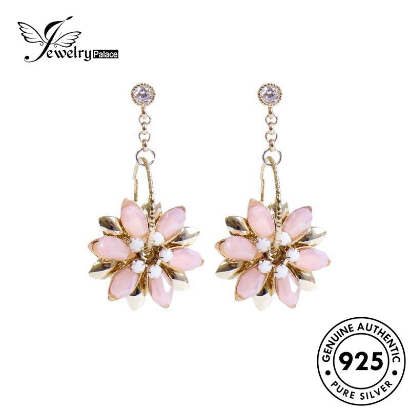 Jewelrypalace Kristal Berlian The Pink Asli Wanita925 Emas Perak Bunga Anting Stud E113