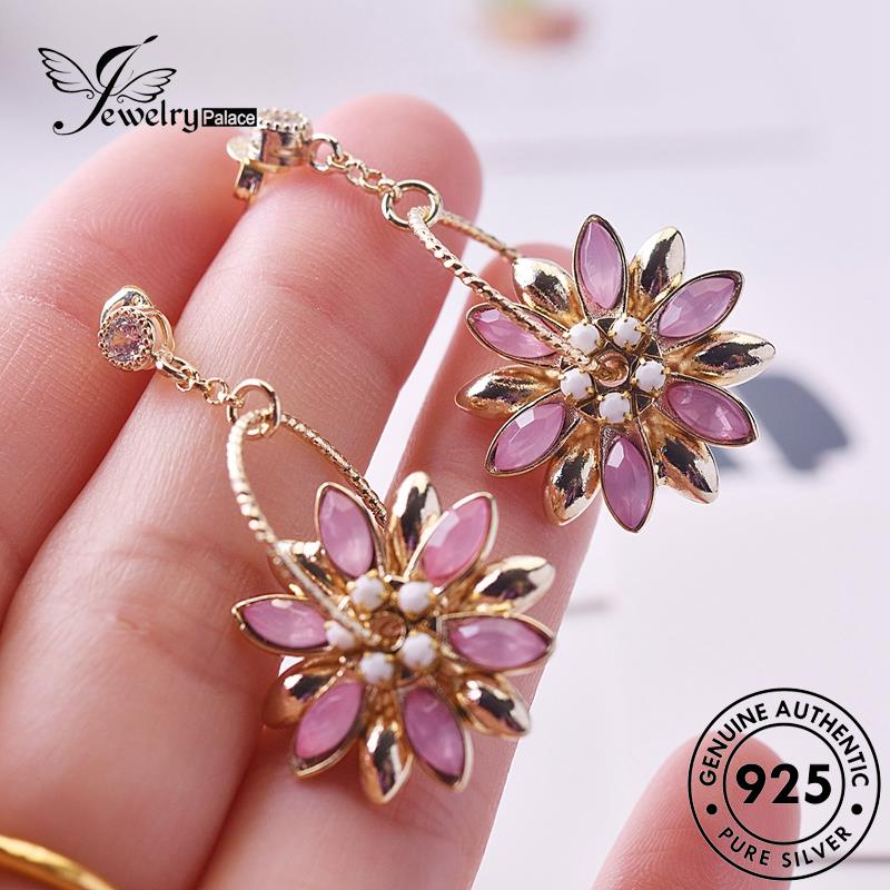 Jewelrypalace Kristal Berlian The Pink Asli Wanita925 Emas Perak Bunga Anting Stud E113