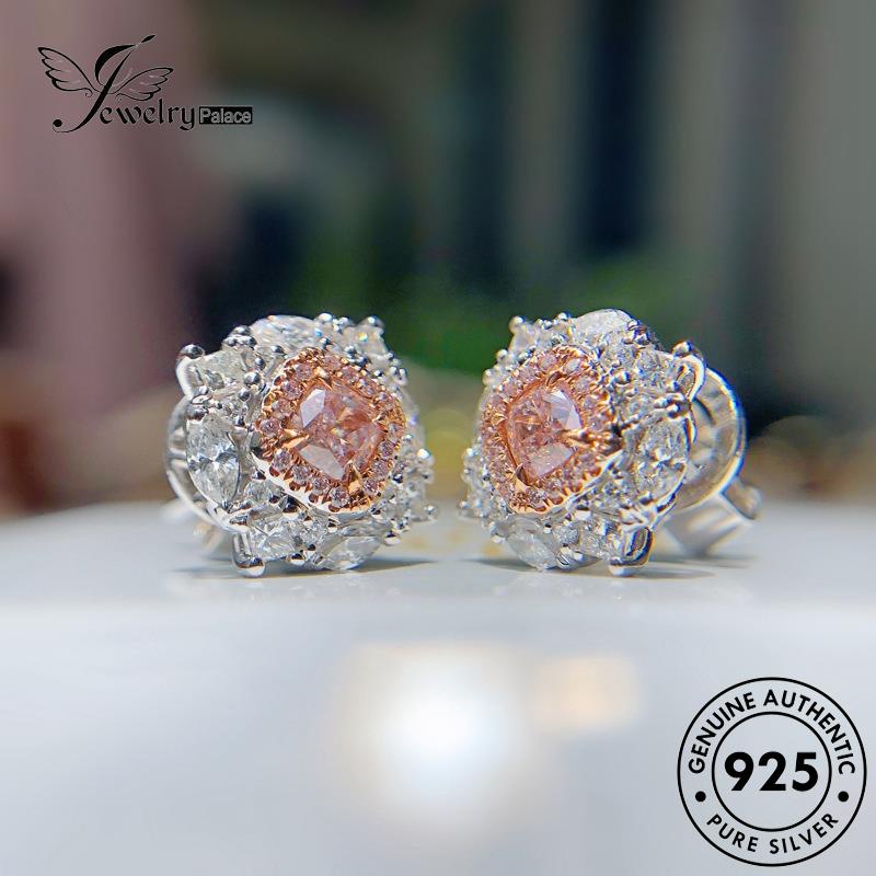 Jewelrypalace Anting Tusuk Persegi Perak Asli Berlian Kristal Wanita925 Pink E841