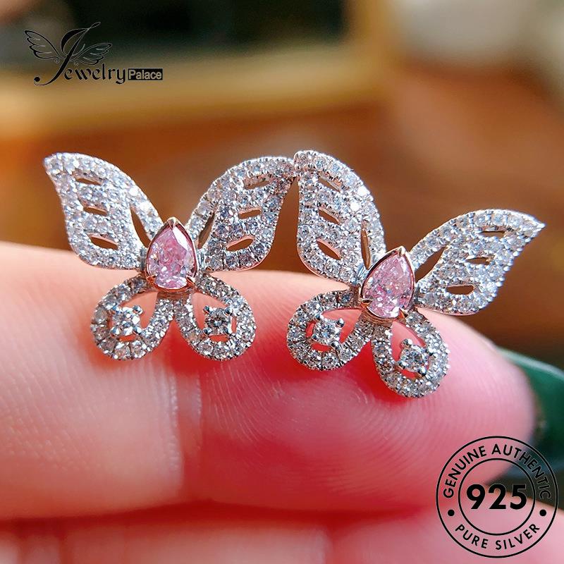 Jewelrypalace Anting Tusuk Kupu Pink Kristal Asli Wanita925 Perak Berlian E887