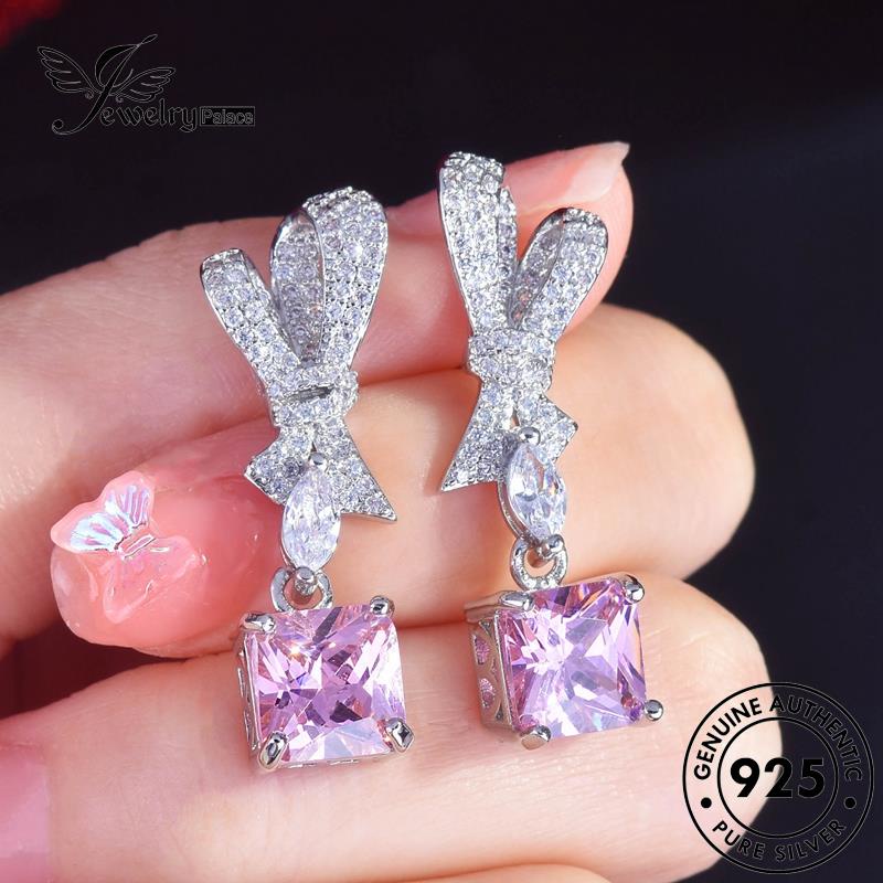 Jewelrypalace Perak Stud Tie Asli Busur Wanita925 Anting Kristal Berlian Pink E1303