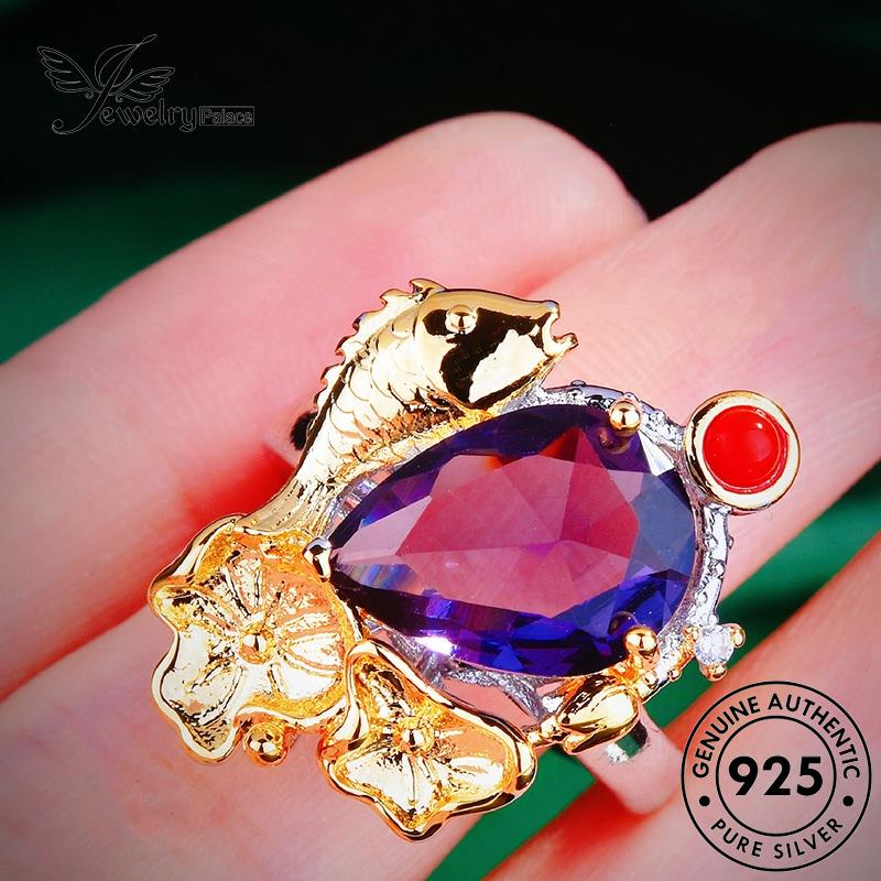 JEWELRYPALACE Wanita Silver Playing Silver Cincin korea Retro 925 Pisces Kawin Aksesori Perhiasan Asli Nikah Original Lotus Perak Murni Amethyst Sterling R2376