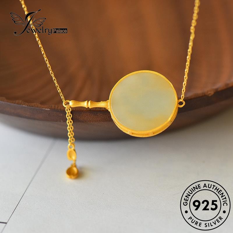 Set Perhiasanpalace Asli Wanita Perak Retro Kalung Giok Kipas925 S297