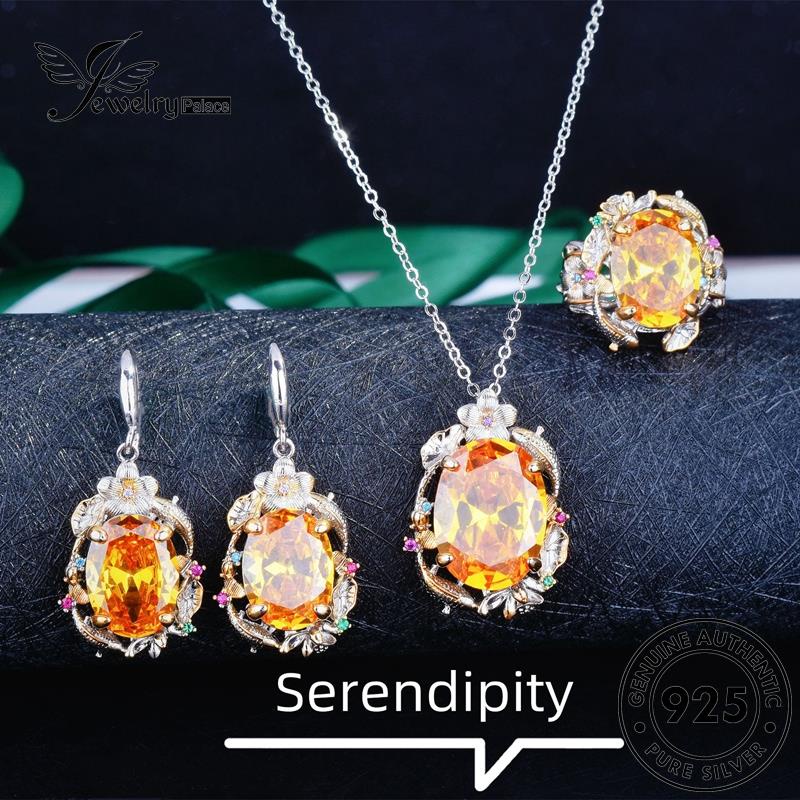 Perhiasanpalace Lotus Wanita925 Daun Perak Citrine Asli Kalung Set S530