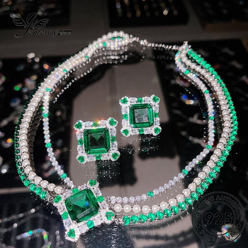Jewelrypalace Asli925 Tiga Perak Retro Emerald Set Kalung Wanita Lapis S540