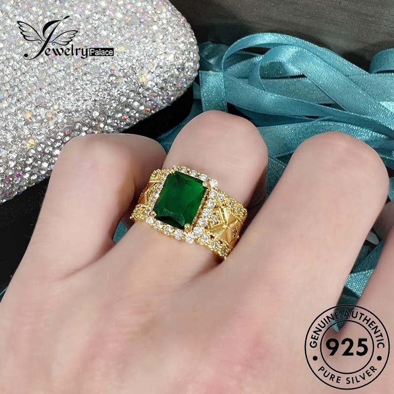 Jewelrypalace Emas Wanita Asli Persegi Kepribadian925 Cincin Perak Zamrud R854