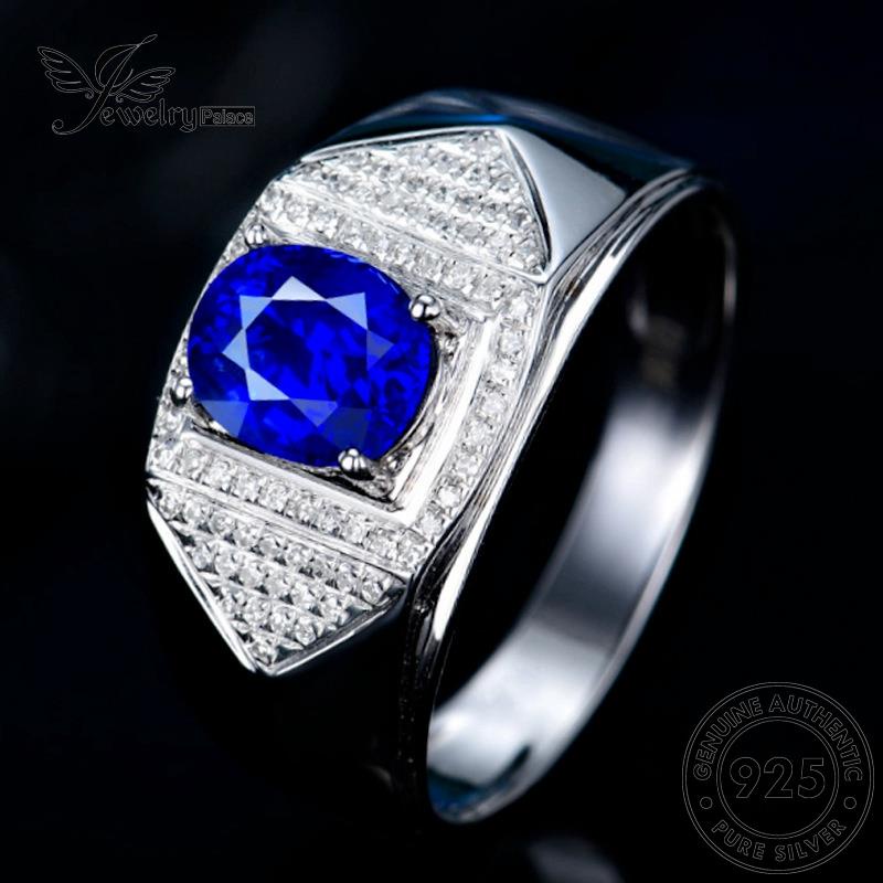 Jewelrypalace925 Sapphire Oval Cincin Kepribadian Perak Asli Pria R999