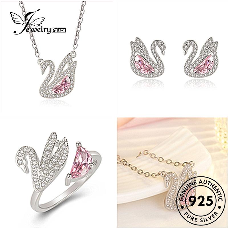 Jewelrypalace Asli Wanita Pink Perak925 Set Berlian Kristal Kalung Emas Swan S6