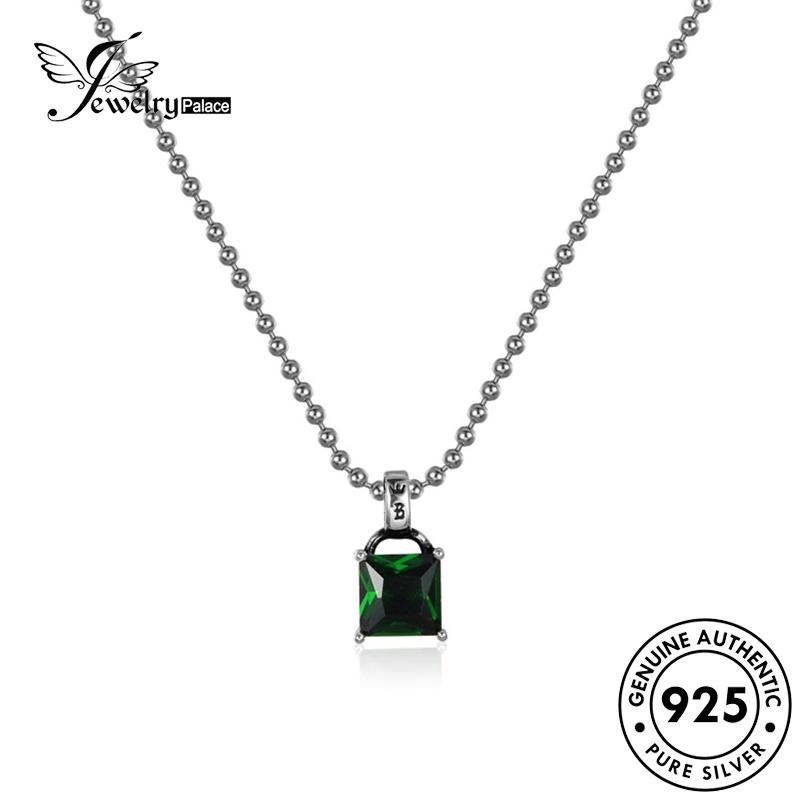 Tempat Perhiasan Wanita Asli Persegi Berlian925 Perak Emerald Kalung Simple N38