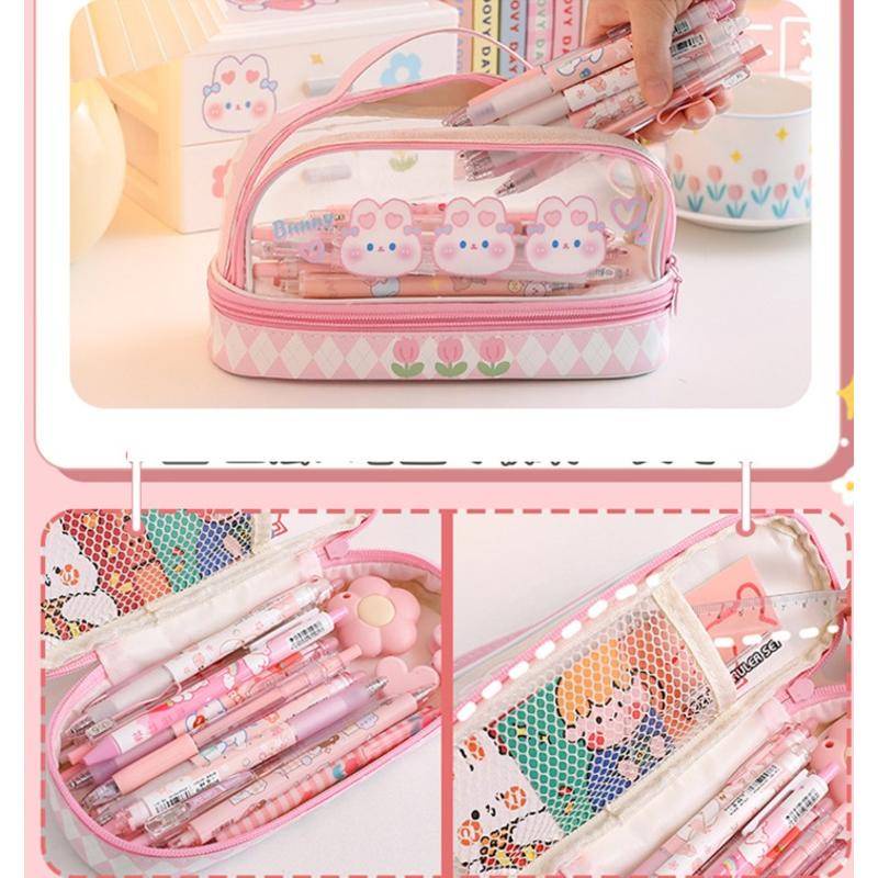【Gratis Stiker】Kawaii Large Capacity Pencil Case 3 Compartment Pouch Pen Bag Double Side Opening Student Stationery Organizer School Supplies