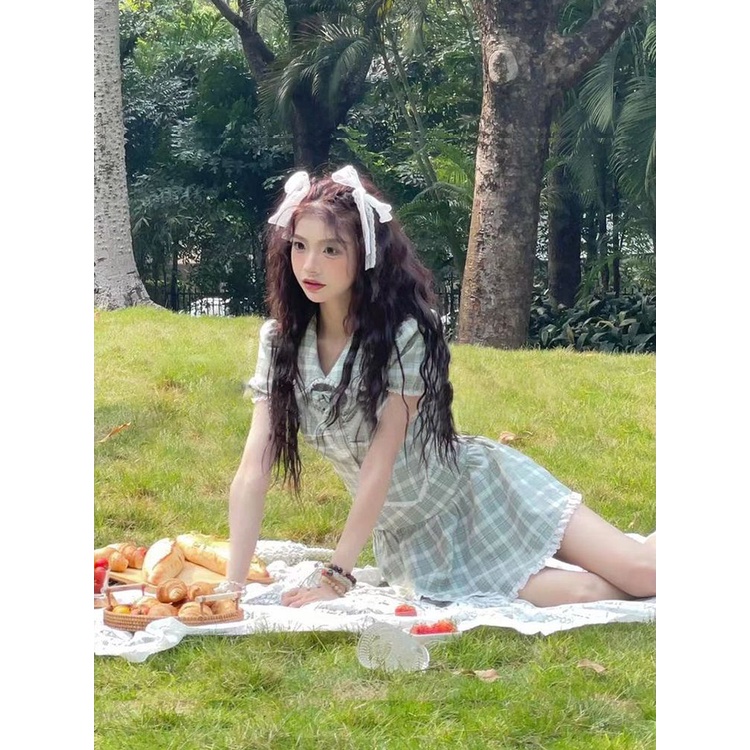 Red Qilixiang Mori Manis Plaid College Wind Puff Lengan Baju Pendek + Set Rok Musim Panas Baru Wanita