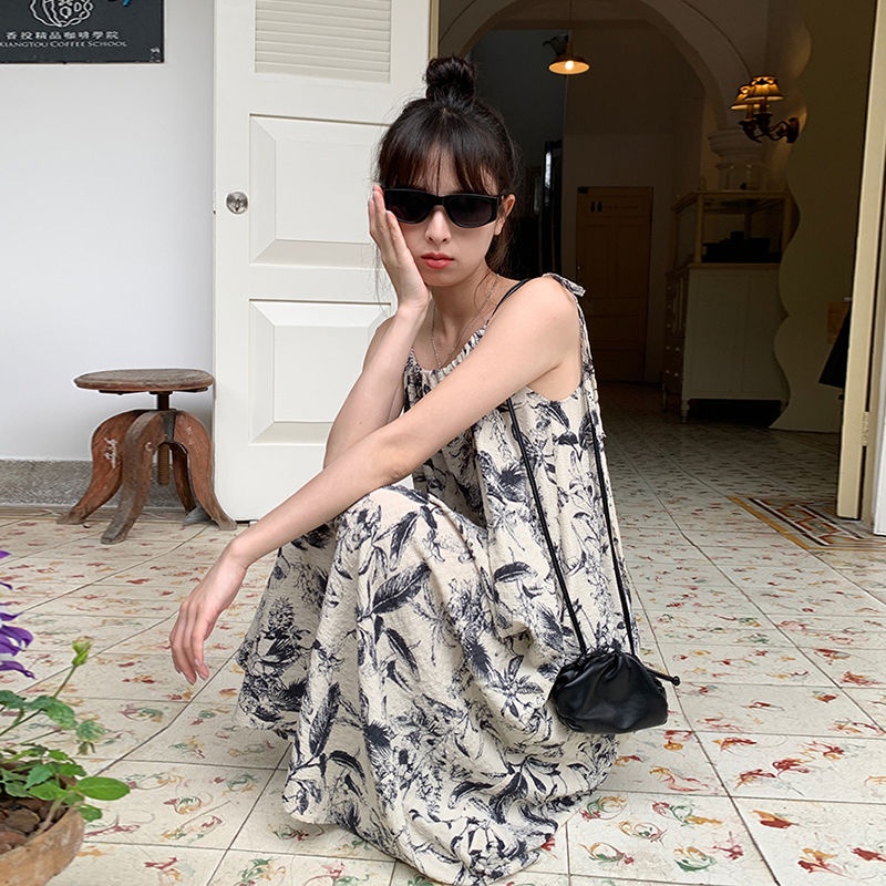 Gaya cina ceruk retro pencetakan tinta rok selempang musim panas bersalin rok mid-length gaun longgar pasang perempuan