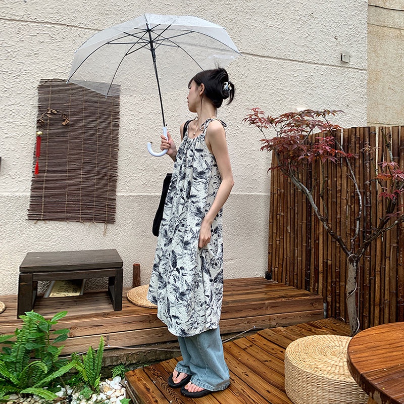 Gaya cina ceruk retro pencetakan tinta rok selempang musim panas bersalin rok mid-length gaun longgar pasang perempuan