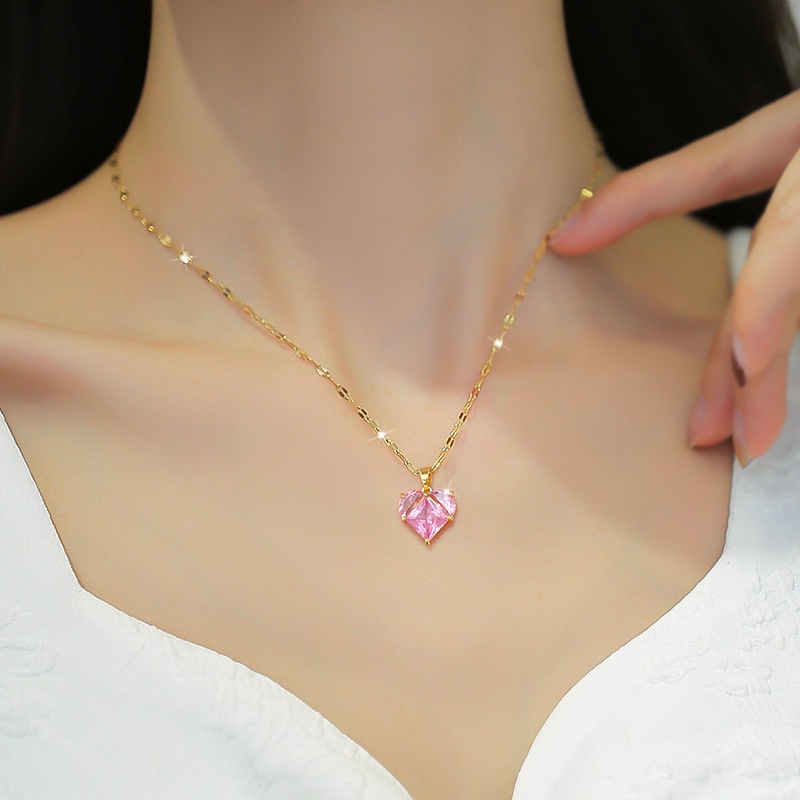 Kalung Hati Kristal Pink Korea Zirkon Merah Muda Liontin Cinta Kalung Colorfast Titanium Necklace