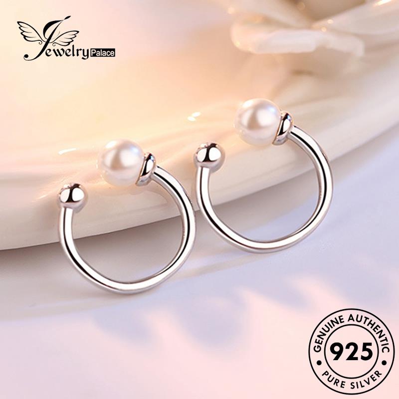 Jewelrypalace Mutiara925Bulat Simple Wanita Asli Anting Hoop Beads Perak E409