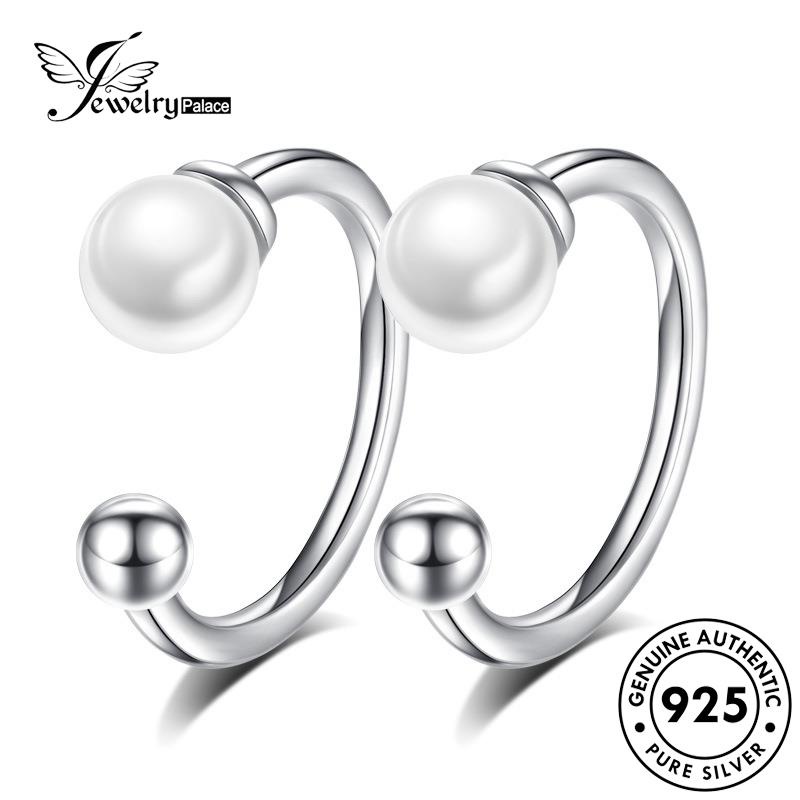 Jewelrypalace Mutiara925Bulat Simple Wanita Asli Anting Hoop Beads Perak E409