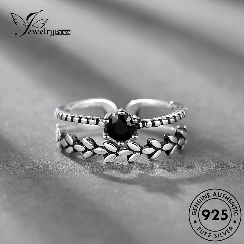 Jewelrypalace Cincin Hitam925 Obsidian Retro Berlian Bukaan Perak Asli Wanita R155