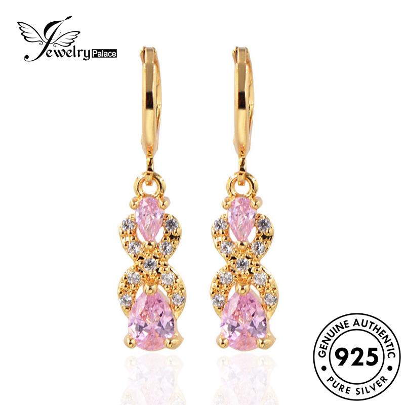 Jewelrypalace Bentuk Pir Kristal925Berlian Wanita Asli Drop Silver Hoop Earrings Pink E169