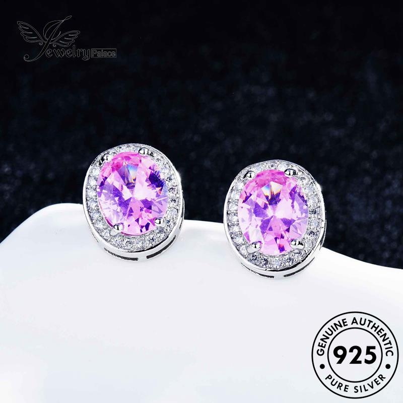 Jewelrypalace Anting Pink Asli Wanita Oval Tusuk Berlian925 Perak Kristal E1077