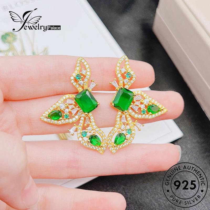 Jewelrypalace Anting Asli Dasi Kupu Stud Wanita Emerald Perak925 Gold E1166