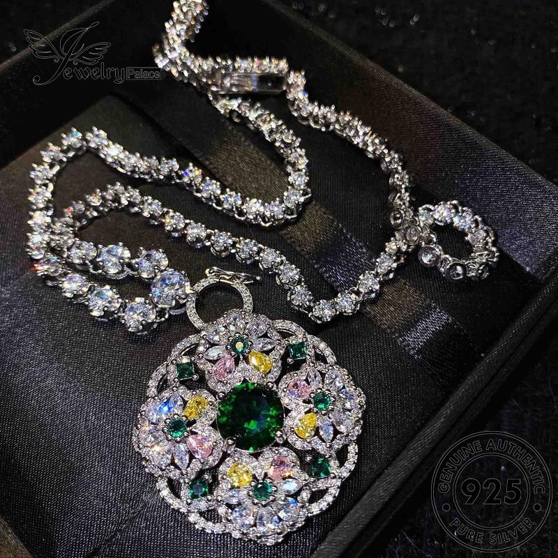 Jewelrypalace925 High-End Asli Wanita Emerald Kalung Perak Bulat N948