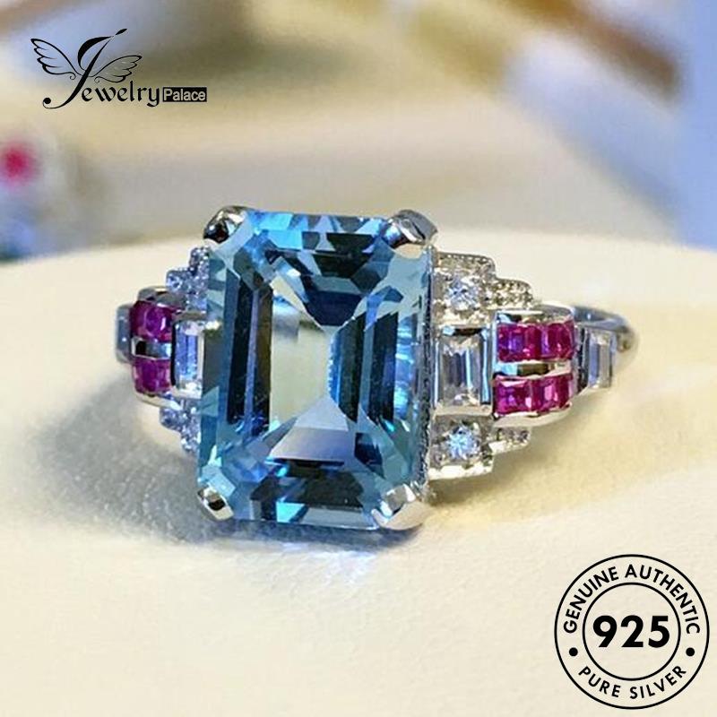 JEWELRYPALACE 925 Perak korea Cincin Perhiasan Nikah Aksesori Kawin Silver Classic Silver Asli Original Aquamarine Square Murni Wanita Sterling R369