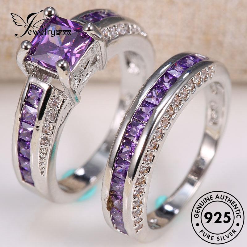 JEWELRYPALACE Asli Pasangan Amethyst Sterling Simple Original Square Silver Cincin 925 Aksesori Perhiasan Perak Nikah Kawin korea Silver Couple Murni R901