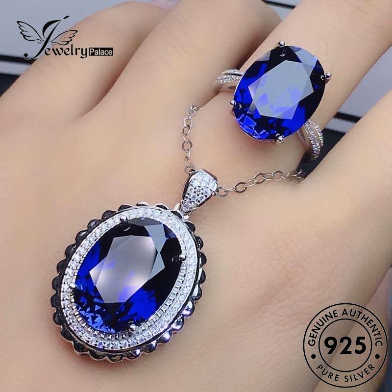 Jewelrypalace Asli Wanita Safir Telur Perak Bentuk Kalung Set Modis925 S11