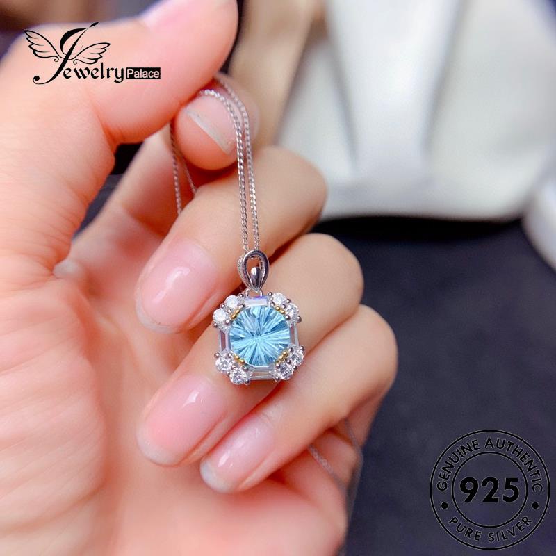 Jewelrypalace Kalung925 Wanita Asli Set Perak Kotak Aquamarine Creative S116