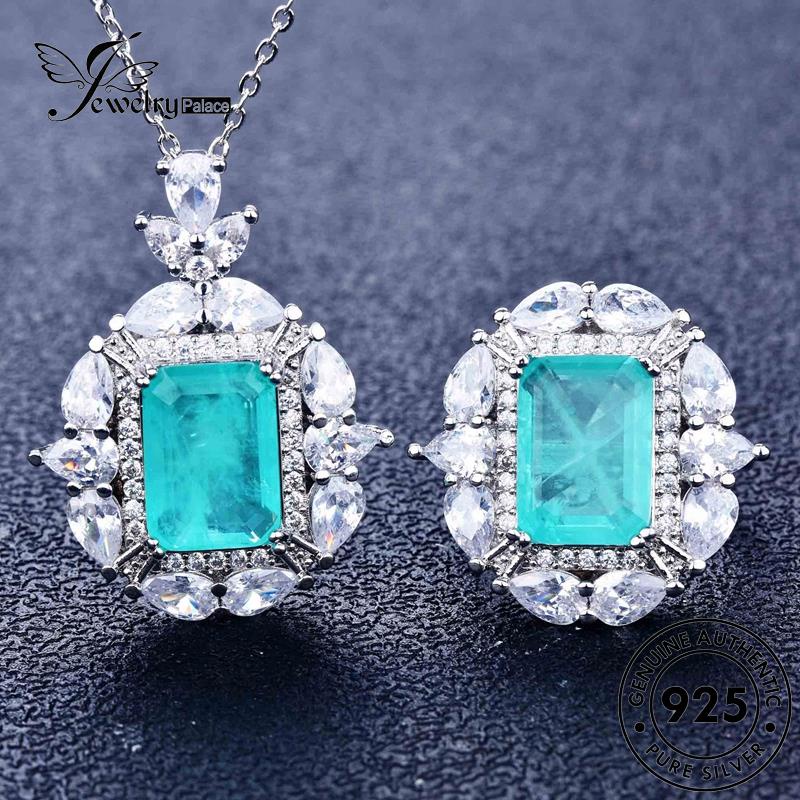 Jewelrypalace Kalung Persegi925 Berlian Asli Aquamarine Perak Kreatif Wanita Set S153