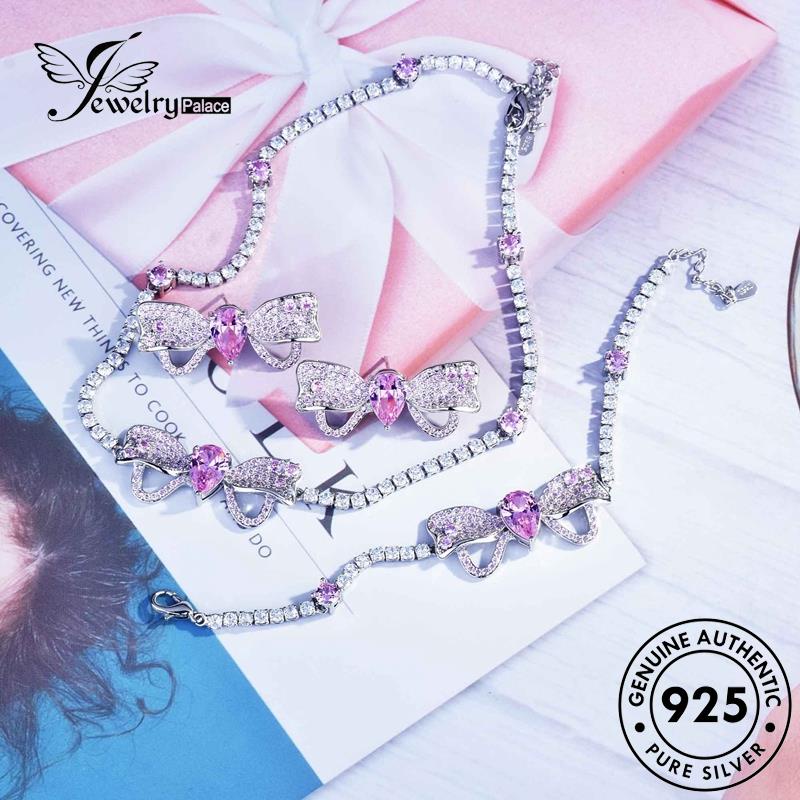 Jewelrypalace Set Berlian Kristal Asli Wanita Busur Kalung925 Temperamen Pink Perak S342