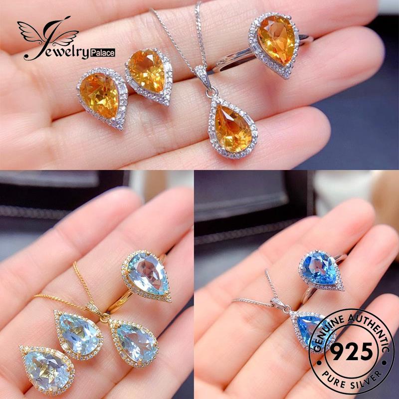 Jewelrypalace Asli Kreatif Tetesan Air Kalung Emas Wanita Citrine Perak Set925 S432